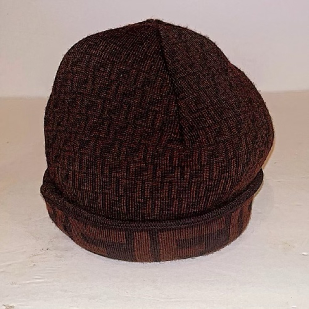 Authentic Vintage Fendi Brown Zucca FF Knit Wool Beanie